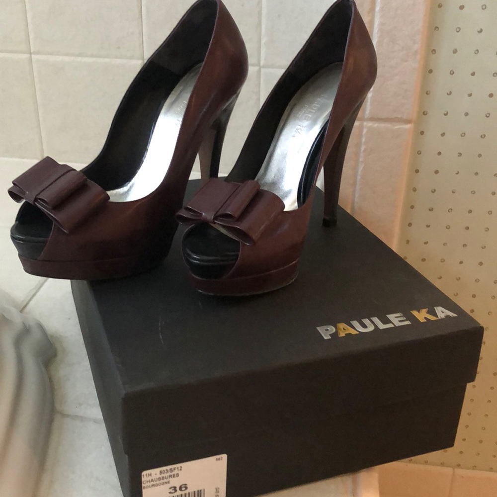 Paule Ka burgundy peep-toe platform 4 inch pumps